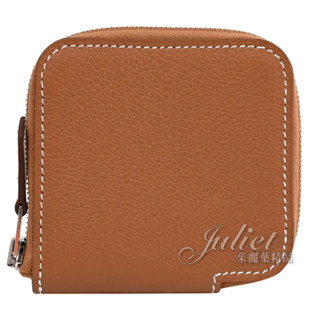 【茱麗葉精品】HERMES Silk Evercolor牛皮拉鍊絲巾零錢包.金棕/海藍 現貨在臺