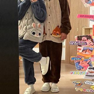 臺灣發貨-瘋狂動物城可愛狐狸連帽睡衣 女刷毛加厚冬季睡袍 大尺碼保暖毛絨家居服套裝 冬季保暖睡衣