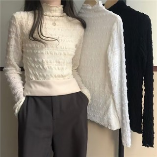 FUXI 半高領長袖蕾絲打底衫女 秋冬加絨加厚內搭上衣 高領發熱衣 內刷毛保暖上衣 修身外穿長袖上衣 女裝 衣服