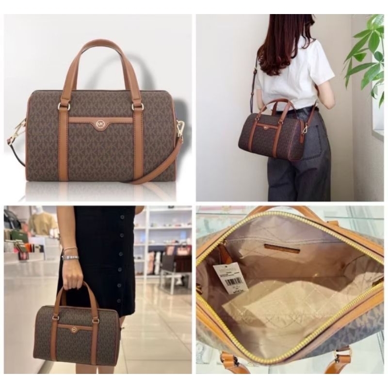 Michael Kors MK TRAVEL小圓標皮革迷你波士頓包/斜背包(滿版咖)
