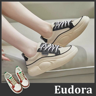 【Eudora】厚底老爹鞋 運動鞋 球鞋 休閒鞋 布鞋 老爹鞋 白色布鞋 皮革綁帶 厚底增高 白布鞋 厚底鞋 增高布鞋