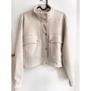 全新 Pull & Bear 柔軟麂皮立領翻領拉鍊夾克外套 灰白色 EUR S