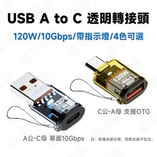 USB A to C 10Gb 透明轉接頭 120W 10Gbps PC材質 藍色指示燈