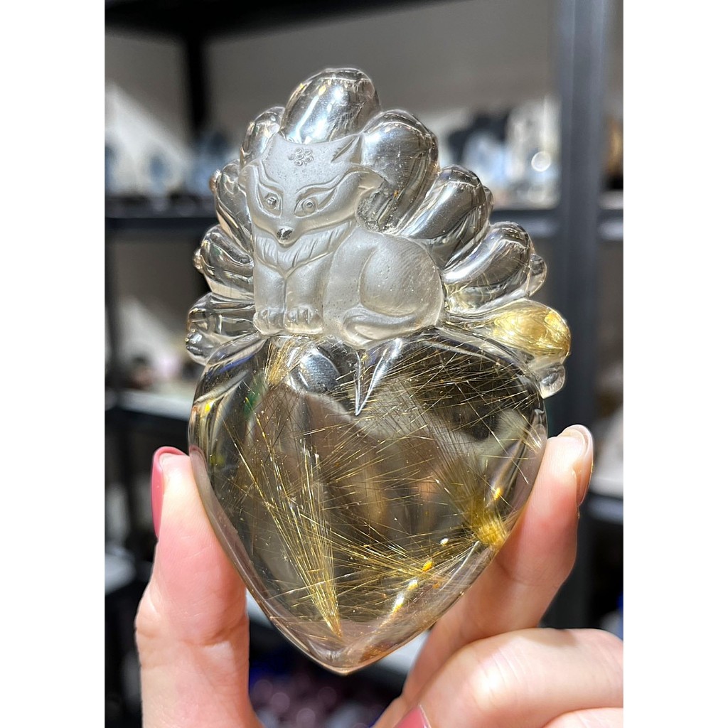 【妖晶森林天然水晶】鈦晶雕刻九尾狐仙擺件 天然水晶 九尾狐仙 (附底座) 招財 招人緣