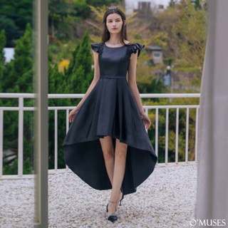 【OMUSES】手工刺繡美背前短後長黑色禮服18-7574
