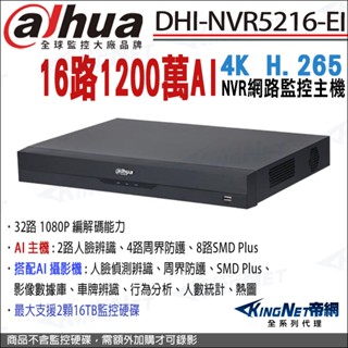大華 DHI-NVR5216-EI 16路 監控主機 4K NVR 1200萬 雙硬碟 人臉偵測 人臉辨識 監視器