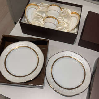 NORITAKE 雅緻金邊白瓷 新芽 -咖啡對杯+點心2盤 禮盒組-共6件