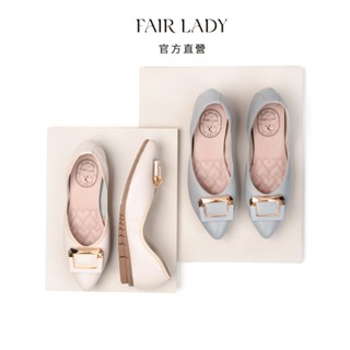 FAIR LADY 我的旅行日記 摩登飾釦尖頭平底娃娃鞋 水潤藍色 復古白色 (502918) 平底鞋 娃娃鞋 女鞋