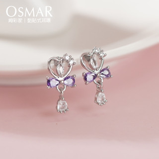 絢彩家【OSMAR】紫韻心型蝴蝶結 無耳洞貼式耳環 附10對貼紙補充包 垂墜式