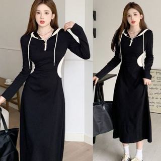 M-5XL 大尺碼 洋裝 連帽洋裝 長袖連衣裙 大碼長袖連帽衛衣 設計感撞色拼接收腰遮肚長裙子
