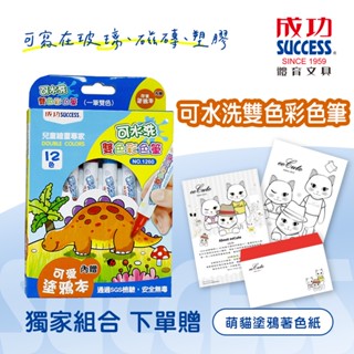 成功-可水洗雙色彩色筆(12色) 內贈塗鴉本 可寫在玻璃、磁磚、塑膠等等 畫到衣服可清洗