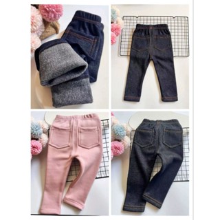 **Abu kids**【H92805】男女中小童經典針織牛仔不倒絨休閒長褲冬款褲子有彈性伸縮褲頭90-130cm