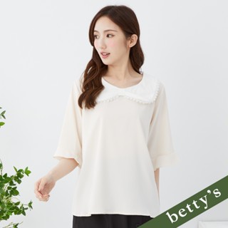 betty’s貝蒂思(35)蕾絲小花邊翻領跳色雪紡上衣(米白)