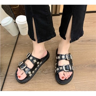 Pyf ♥ 歐美甜酷風 沙灘涼拖鞋 平底休閒 修飾寬版皮革一字厚底拖鞋 42 大尺碼女鞋
