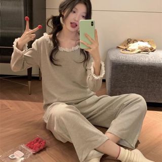 甜美睡衣女 女生睡衣 長袖 長褲 蕾絲花邊睡衣女 交叉綁帶露背睡衣 純欲風睡衣 條紋睡衣套裝 家居服 女士睡衣