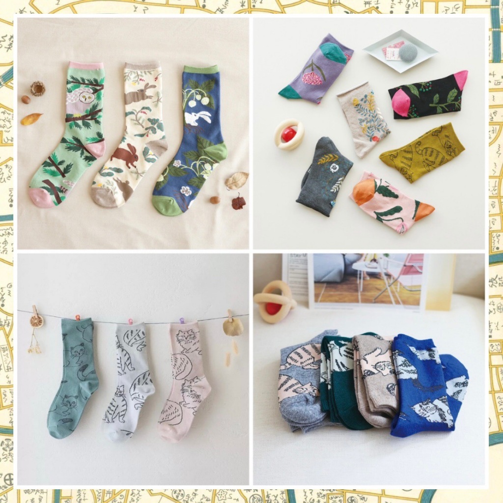 《小巴趴趴造》現貨有發票！日本正版 松尾ミユキ / 松尾美雪 繪本風動物襪 小腿襪 襪子 貓咪襪子