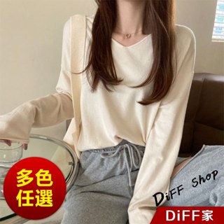 【DIFF】韓版寬鬆V領針織上衣 長袖上衣 女裝 衣服 長袖t恤 保暖上衣 冬裝 發熱衣【W134】
