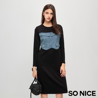 SO NICE【特惠】假兩件式馬甲牛仔拼接羅馬布顯瘦洋裝｜都會時尚女裝 【75444023】