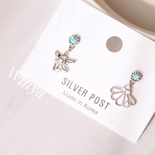 【Winya 韓國飾品】正韓 迷你 藍鑽 海洋 海星 貝殼 垂墜 耳環 925銀針 耳夾 矽膠耳夾 耳針
