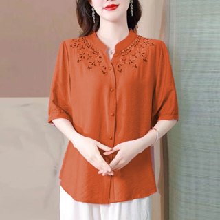 隔日到 XY 8805 中袖棉麻襯衫 大尺碼女裝 春夏 寬鬆 阿美氏文青復古流行 民俗民族風