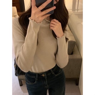 Gray灰 | 木耳領捲邊針織上衣 高彈力 半高領 打底衣 秋冬上衣 內搭衣 女生上衣 百搭 臺灣出貨 電子發票9136