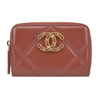 CHANEL 19系列經典金屬LOGO菱格紋小羊皮零錢包(棕色)｜100%原廠真品｜JS Maxx官方旗艦館
