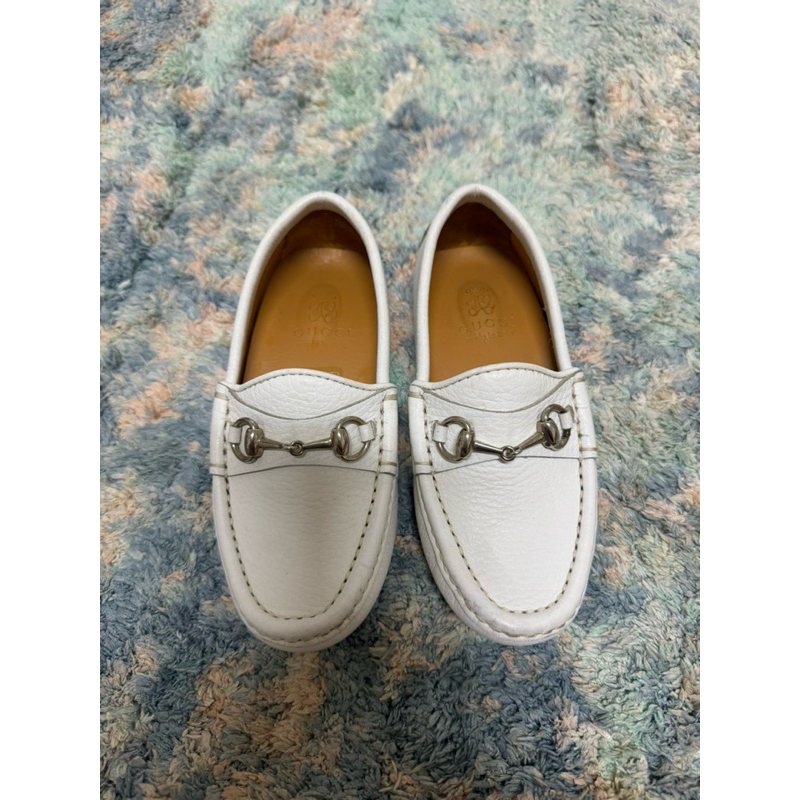 二手正品 GUCCI 經典款 馬蹄釦 樂福 豆豆童鞋 白色 28號