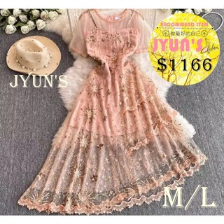 JYUN'S 秋季新款宮廷風重工亮片網紗禮服裙子名媛高貴優雅氣質女裝高階短袖洋裝女1色M/L預購