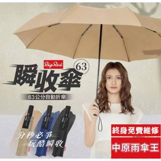【中原雨傘王】《BigRed 瞬收傘63》25吋自動折傘 快乾傘布 布料好收 安全防回彈中柄 防風 終身免費維修