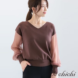 Te chichi V領拼接透膚袖針織上衣(FC43L2C1680)