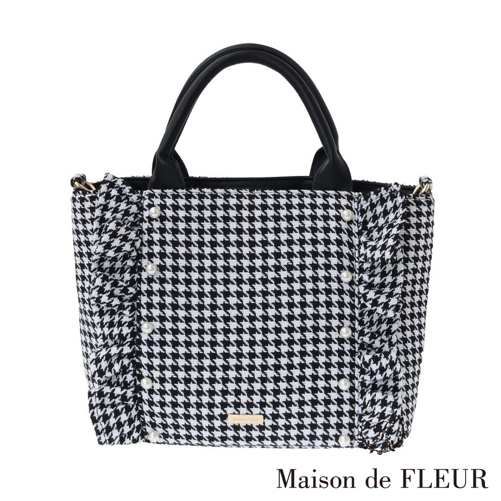 Maison de FLEUR 千鳥格珍珠綴飾荷葉邊方形手提/肩背包【M】(08000037800)