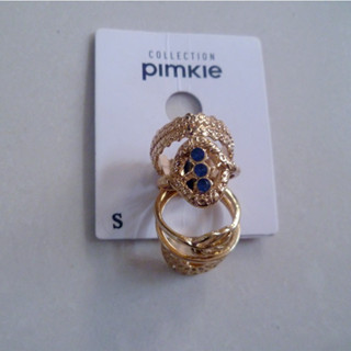 全新 pimkie 歐美多層次民俗風金色戒指 葉子 藍色寶石 復古 vintage 三個一組