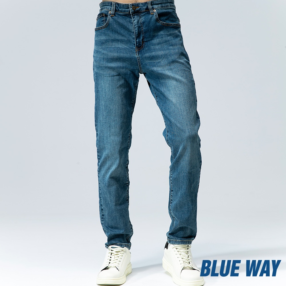 BLUE WAY - 男款 機能系輕薄彈性中腰丹寧直筒褲(中藍)