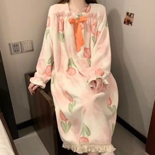 FUXI 法蘭絨睡裙女 連身睡衣 秋冬加厚保暖睡衣 韓版寬鬆長款公主風睡衣 珊瑚絨居家服 可外穿家居服 女生睡衣