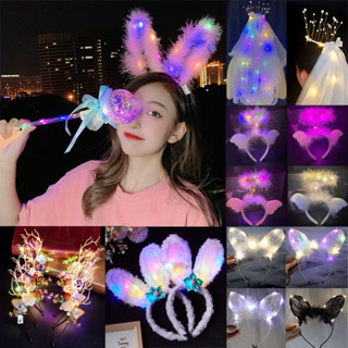 [Rika童品]新品現貨🎀 LED燈發光造型髮箍/兔耳朵貓耳毛絨跨年燈會聖誕節演唱會派對髮飾/發光燈飾附電池