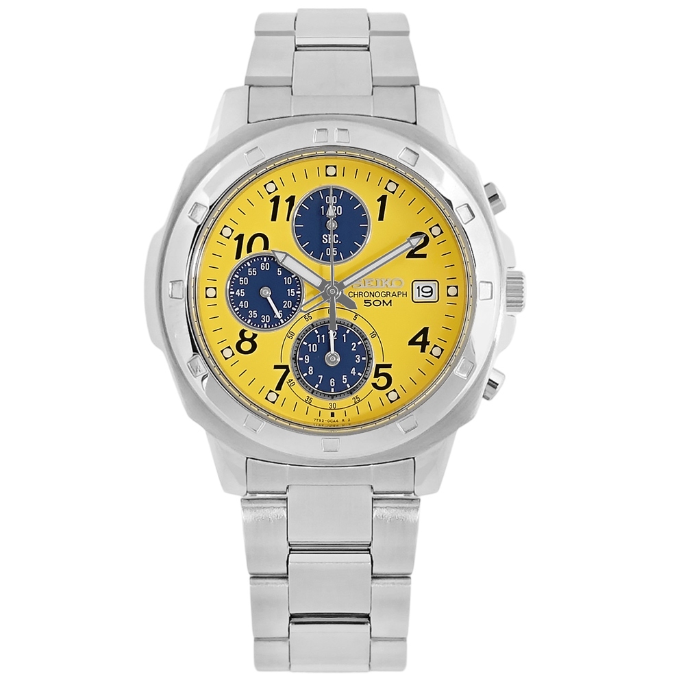 SEIKO 精工 / 三眼計時 數字刻度 撞色時尚 夜光 日期 不鏽鋼手錶 黃色 / SND409P / 39mm