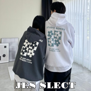 【JES】 韓國 高磅 內刷毛 保暖 方格 小花 花朵 塗鴉 印花 刷毛 親膚 潮流 情侶 長袖 上衣 連帽長T 帽T
