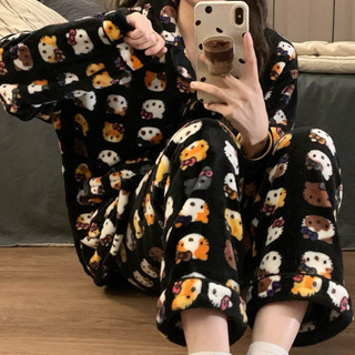 日系kitty格紋珊瑚絨睡衣 加厚保暖秋冬季 珊瑚絨家居服套裝