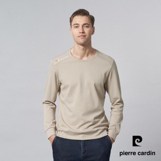 【pierre cardin 皮爾卡登】男裝 人造棉混紡微彈性素色圓領長袖T恤-卡其色 (5245260-82)