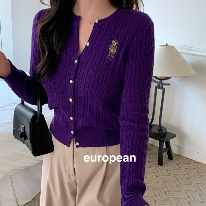 現貨🐻Polo Ralph Lauren Bear紫色💜 2024女青年熊🐻麻花針織開扣棉質毛線衣外套 cable