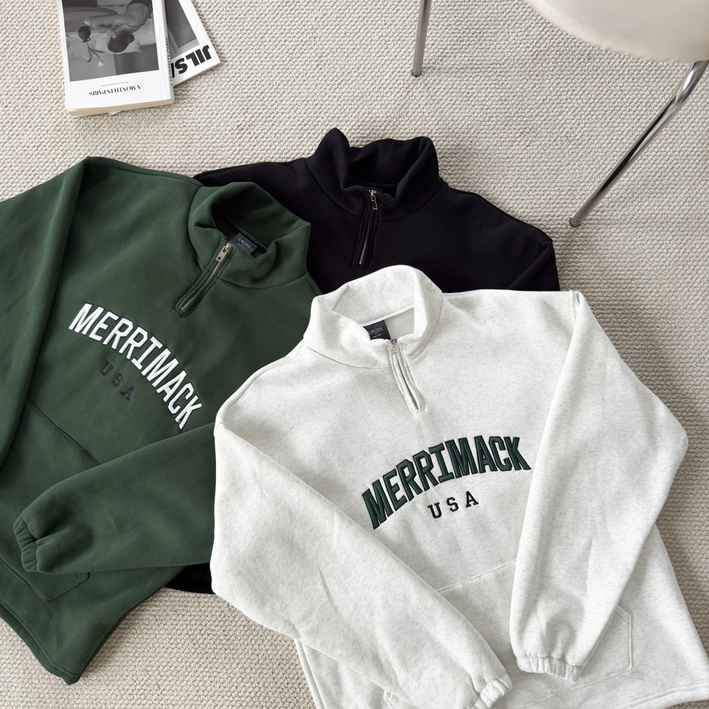 -Yours- 出清特價🉐 小高領大學T 刺繡 MERRIMACK 拉鍊 挺版 大絨布 寬鬆 男裝長袖