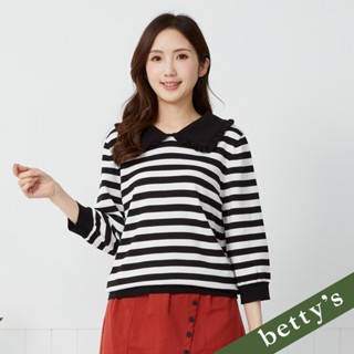 betty’s貝蒂思(35)荷葉邊翻領條紋長袖針織上衣(黑色)