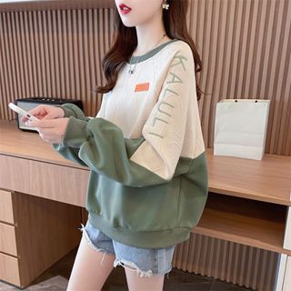 愛依依 加絨保暖衫 長袖上衣 大學T 學院風M-2XL韓版加絨加厚螺紋小個子提花拼接華棉上衣MB033-A2173.