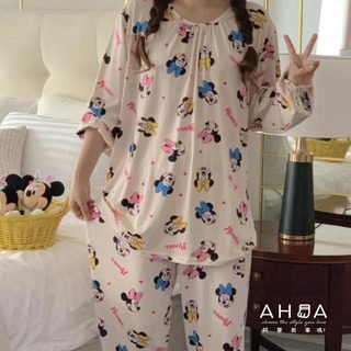 AHUA阿華有事嗎 (韓)迪士尼滿版人物長袖家居荷葉圓領套裝 C2892 韓妞必備 兩件式 居家 舒適 可愛