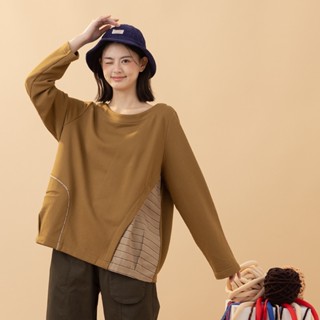 【MOSS CLUB】異材質條紋拼接長袖上衣 藍 黑 咖