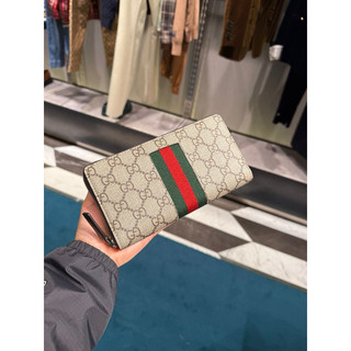 SoHoShop歐洲代購 GUCCI GG Supreme帆布紅綠織帶牛皮拉鍊長夾 779870