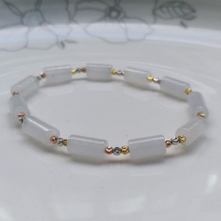 嗨，寶貝銀飾珠寶* 翡翠飾品☆14K金飾品 保證緬甸玉A貨 細緻 清雅 秀氣 超閃亮 冰種白翡短管翡翠 三色金雕珠手鍊