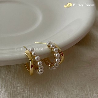 Butter Room 雙層金屬珍珠耳環 （金） 臺灣出貨免運 C型耳環 不規則 彎曲 波浪 耳圈 法式 高階感