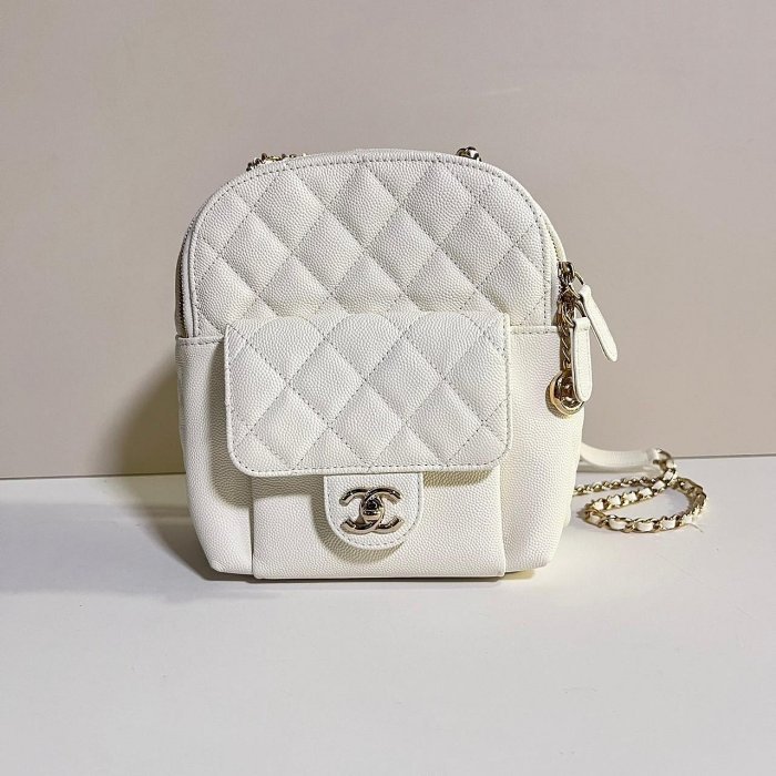 HAN's ⧓98%新 真品 現貨 CHANEL CC day 白色 荔枝 牛皮 香檳金鍊 迷你 雙肩 後背包 AS00