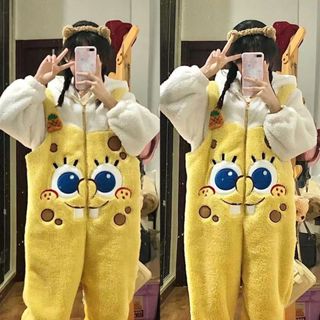 可愛海綿寶寶珊瑚絨睡衣 連體加絨加厚家居服 一體式睡衣
